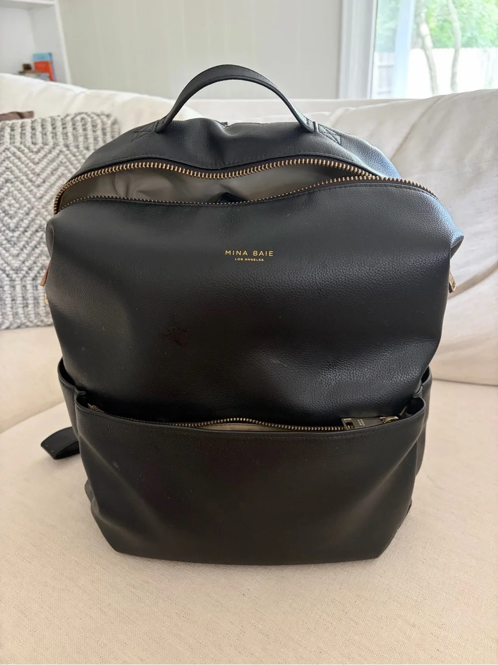 Mina Baie Black Leather Diaper Bag Backpack